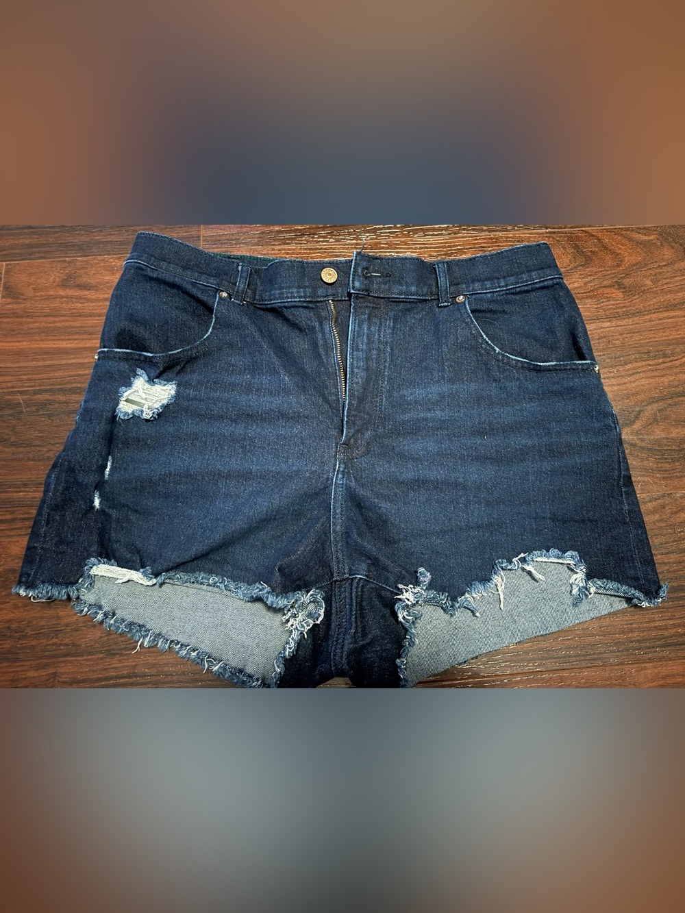 Express Dark Indigo Distressed High-Rise Jean Shorts